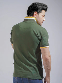 Army Green  Plain Twin Contrast Lycra Elastane Half Sleeves Polo T-Shirt (POLO-739)