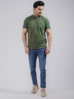 Army Green  Plain Twin Contrast Lycra Elastane Half Sleeves Polo T-Shirt (POLO-739)
