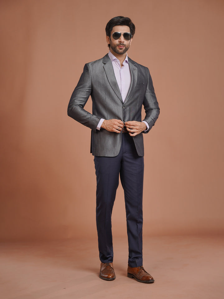Ash Grey Self Single-Breasted Tailored Men’s Blazer (BMF-089)