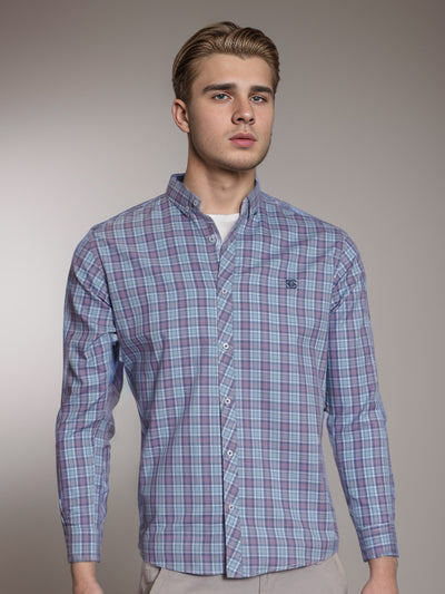 Blue & Red Check Button Down Casual Shirt (CSC-197)