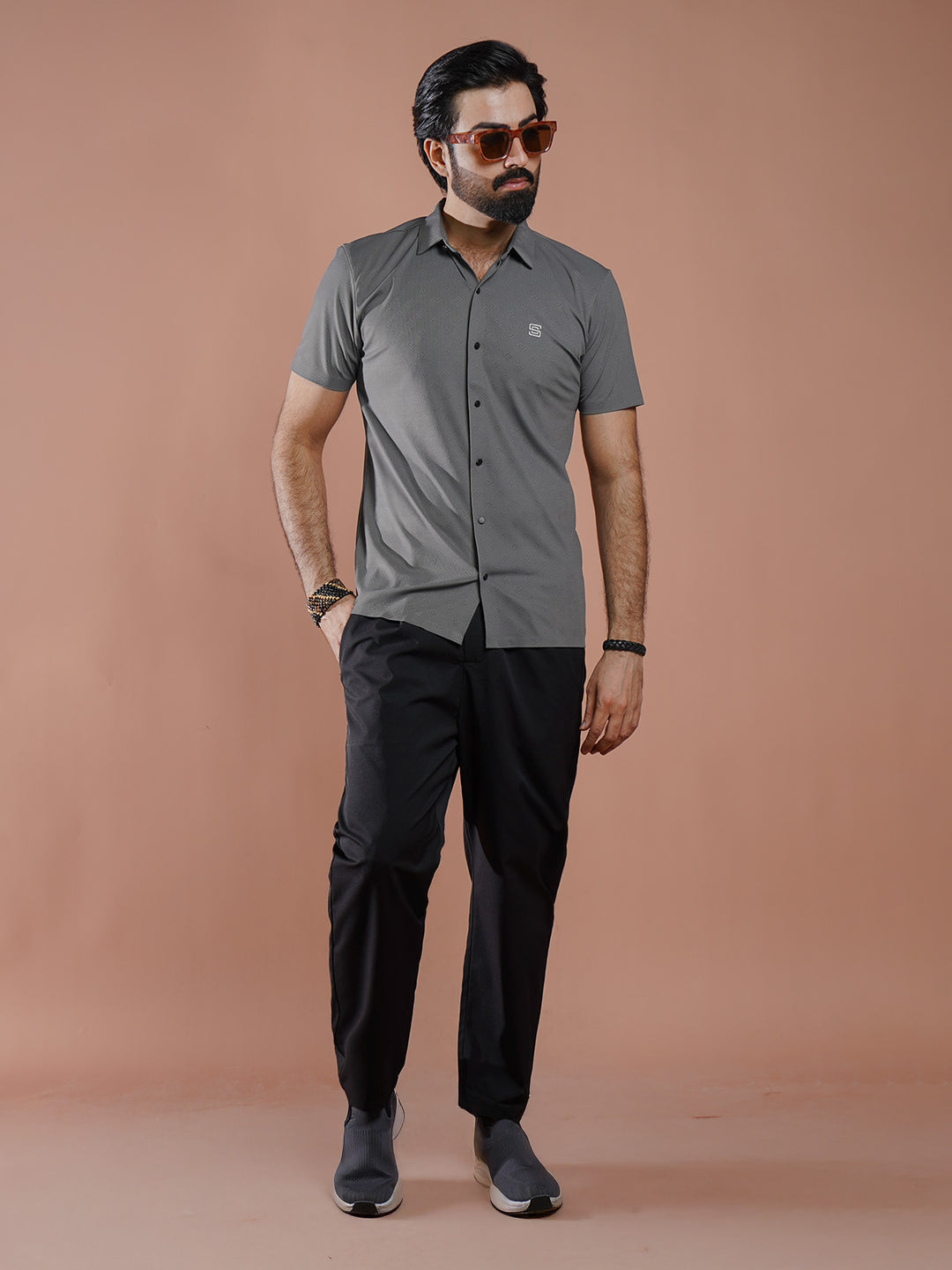Grey Textured Spandex Casual Shirt (CSP-310)