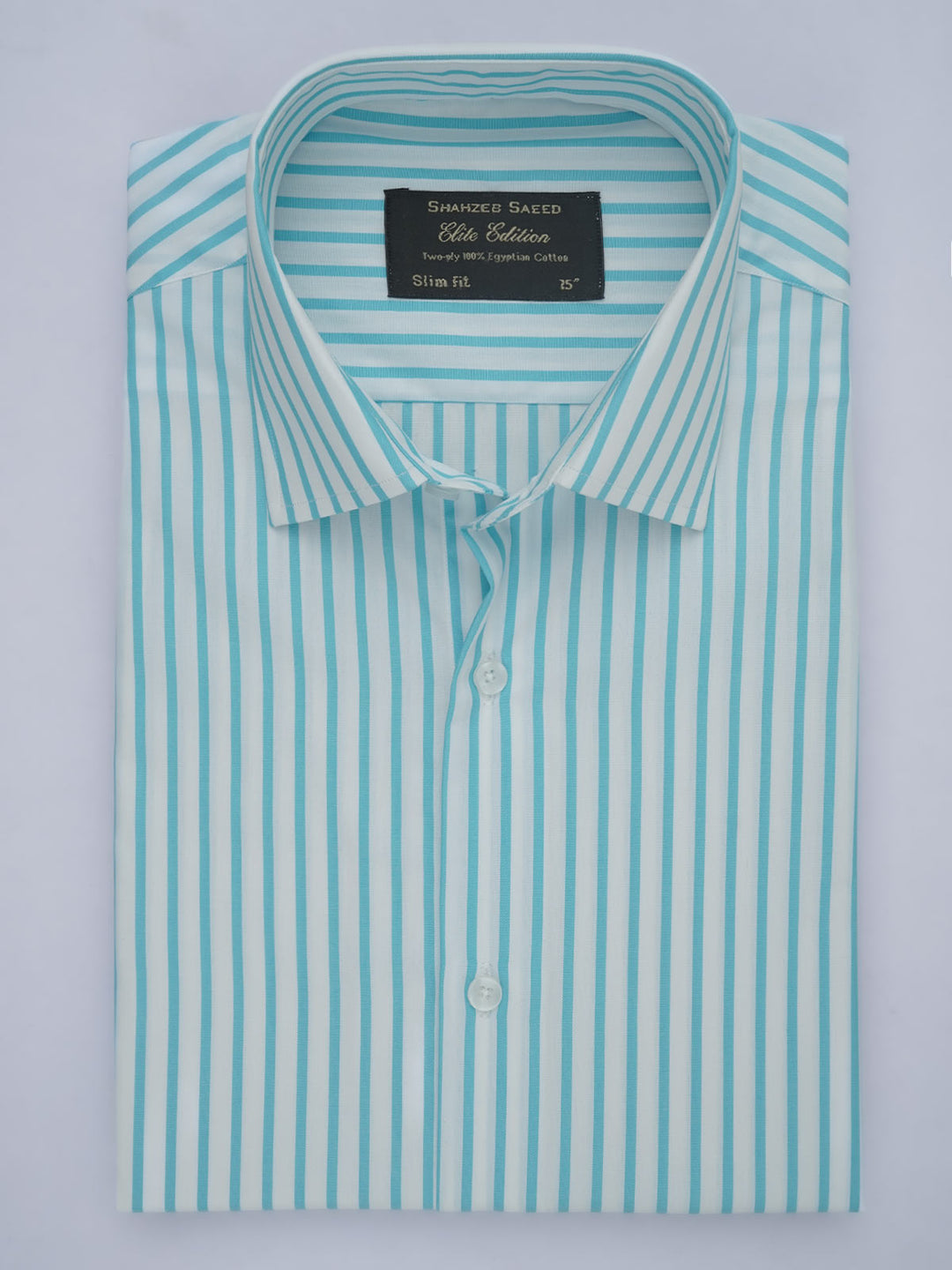 Aqua Blue & White Striped, Elite Edition, French Collar Men’s Formal Shirt (FS-588)
