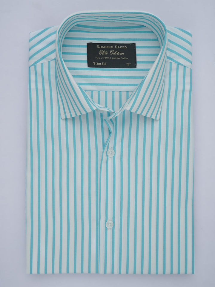 Aqua Blue & White Striped, Elite Edition, French Collar Men’s Formal Shirt (FS-588)