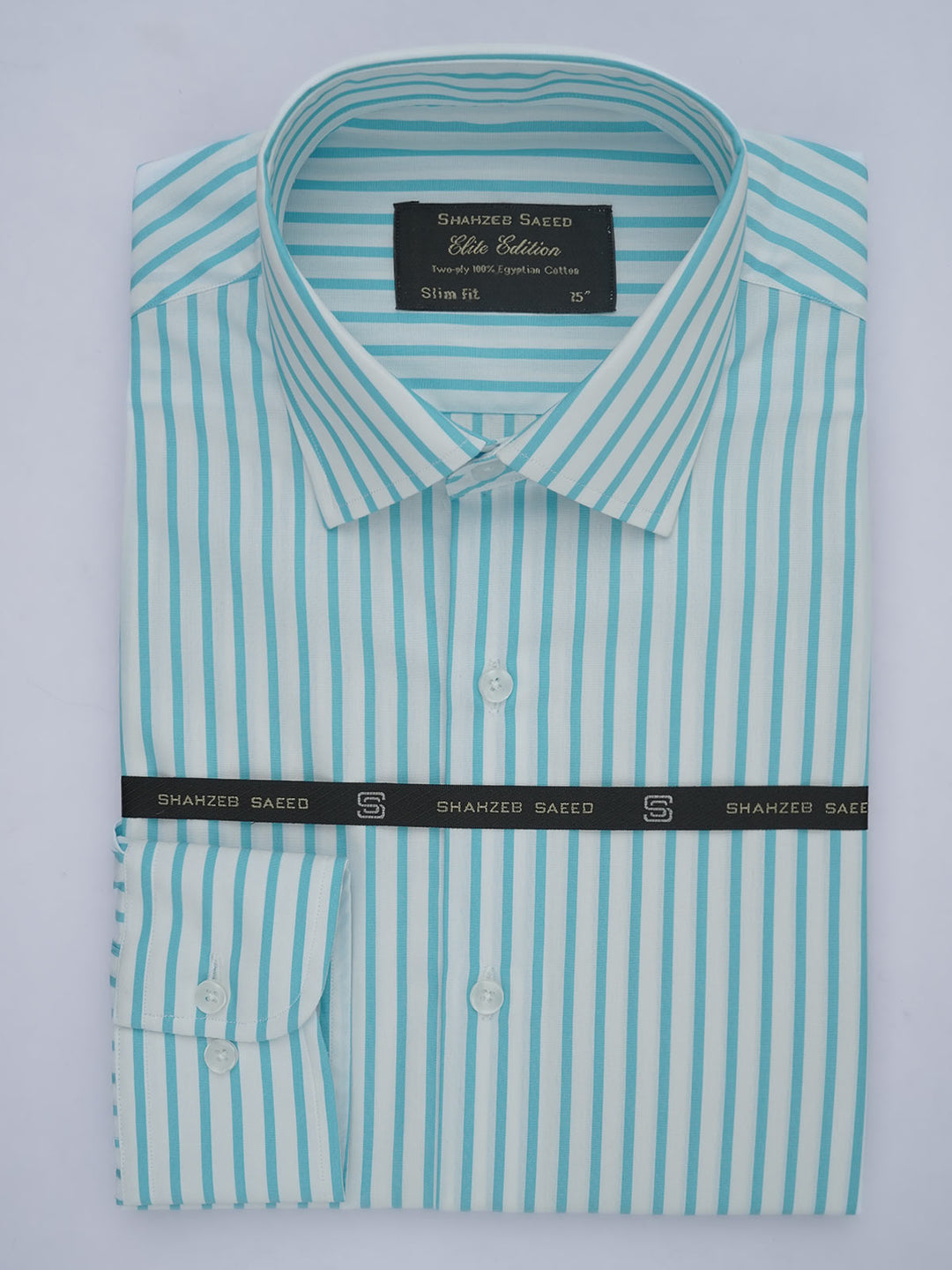 Aqua Blue & White Striped, Elite Edition, French Collar Men’s Formal Shirt (FS-588)