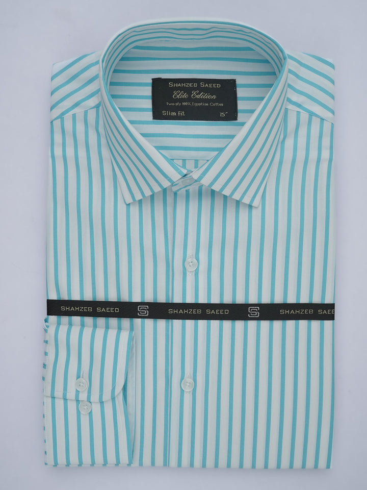 Aqua Blue & White Striped, Elite Edition, French Collar Men’s Formal Shirt (FS-588)