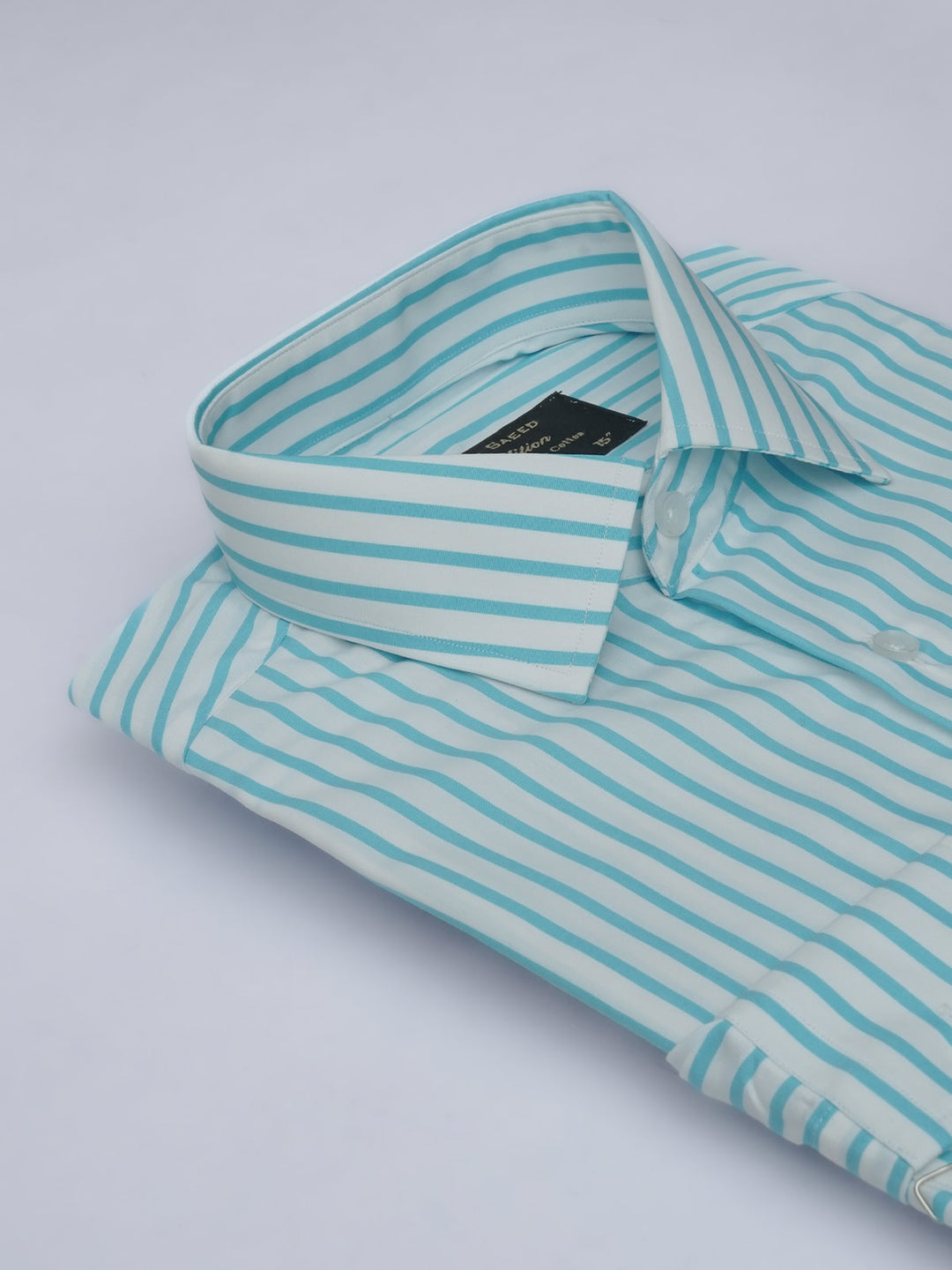 Aqua Blue & White Striped, Elite Edition, French Collar Men’s Formal Shirt (FS-588)