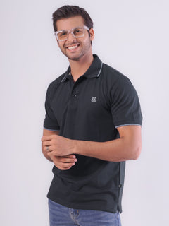 Dark Blue Contrast Tipping Half Sleeves Cotton Jersey Polo T-Shirt (POLO-546)