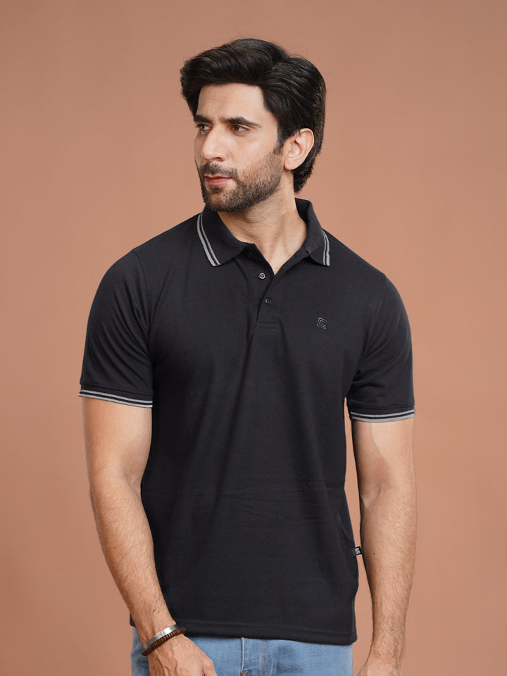 Black Plain Contrast Tipping Half Sleeves Polo T-Shirt (POLO-1001)