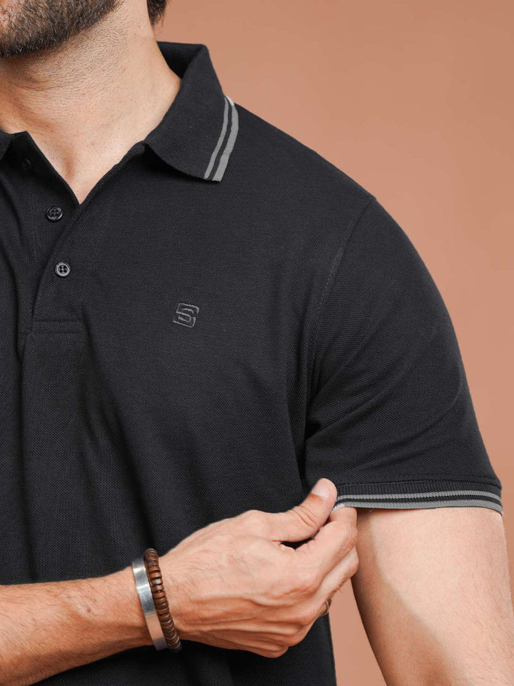 Black Plain Contrast Tipping Half Sleeves Polo T-Shirt (POLO-1001)