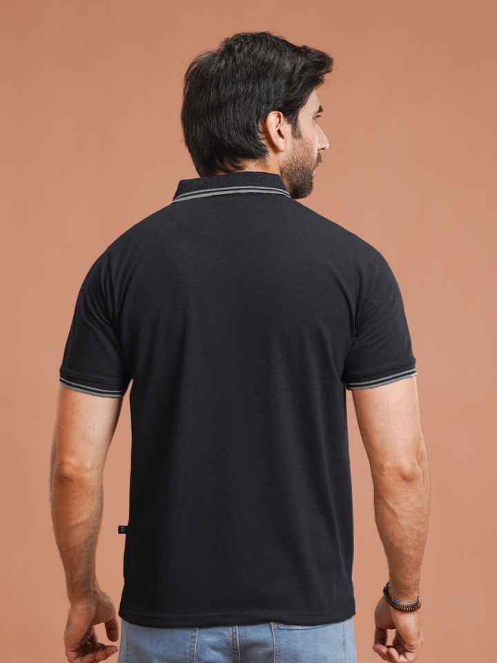 Black Plain Contrast Tipping Half Sleeves Polo T-Shirt (POLO-1001)