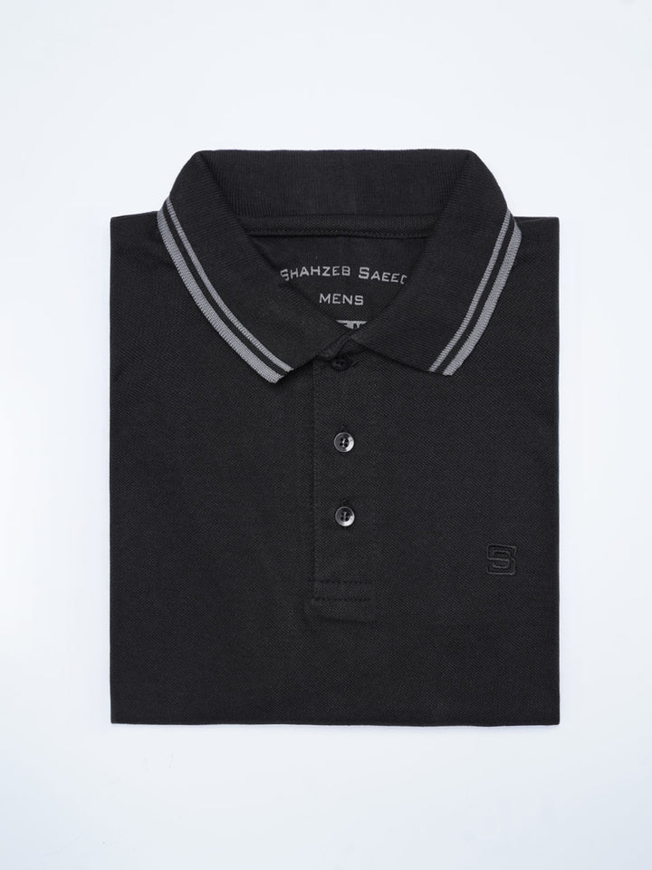 Black Plain Contrast Tipping Half Sleeves Polo T-Shirt (POLO-1001)