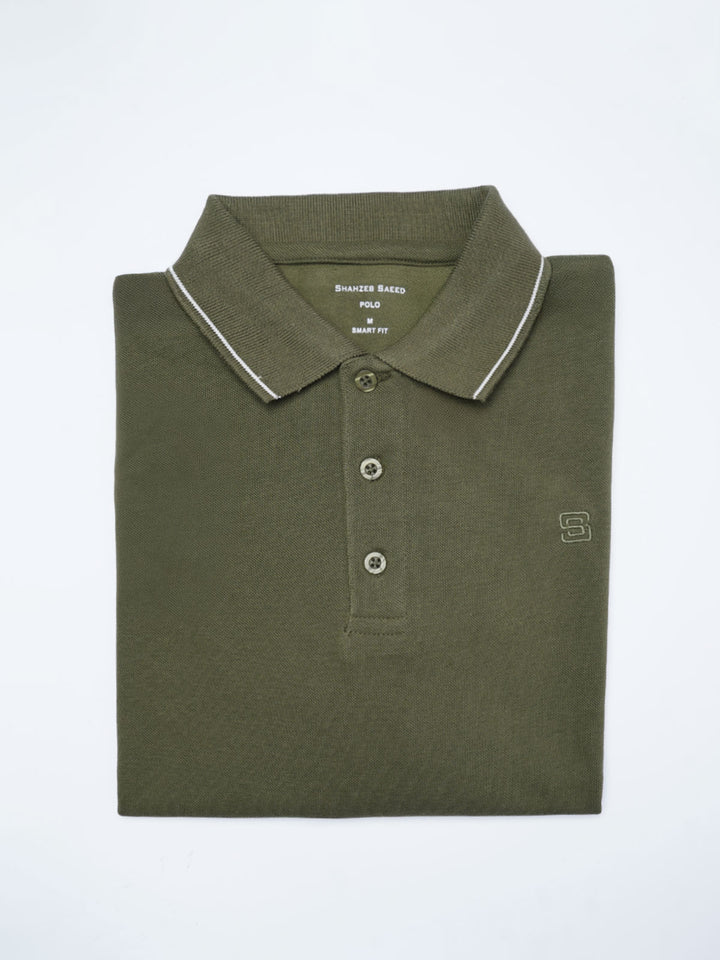 Olive Plain Contrast Tipping Half Sleeves Polo T-Shirt (POLO-1005)