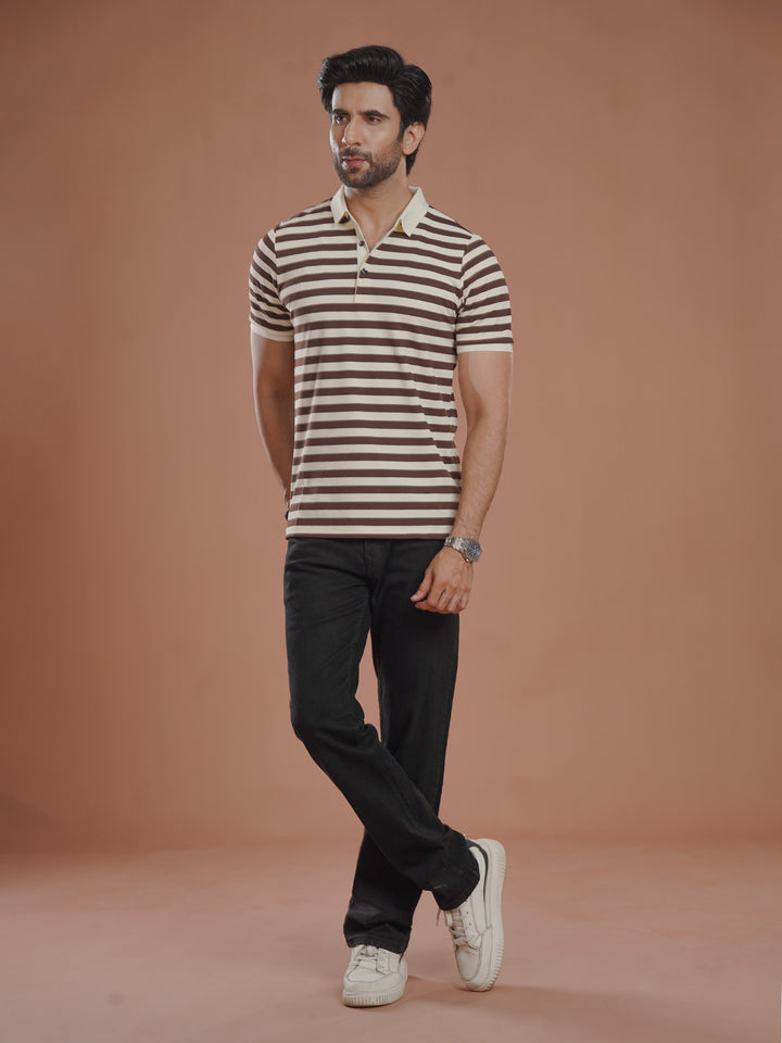 Brown & Fawn Striped Knitted Polo T-Shirt (POLO-1024)