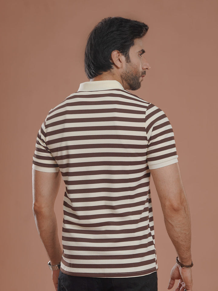 Brown & Fawn Striped Knitted Polo T-Shirt (POLO-1024)