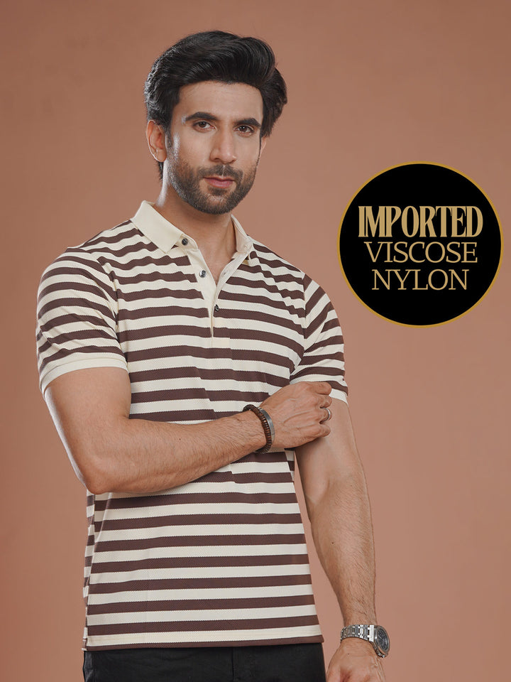 Brown & Fawn Striped Knitted Polo T-Shirt (POLO-1024)