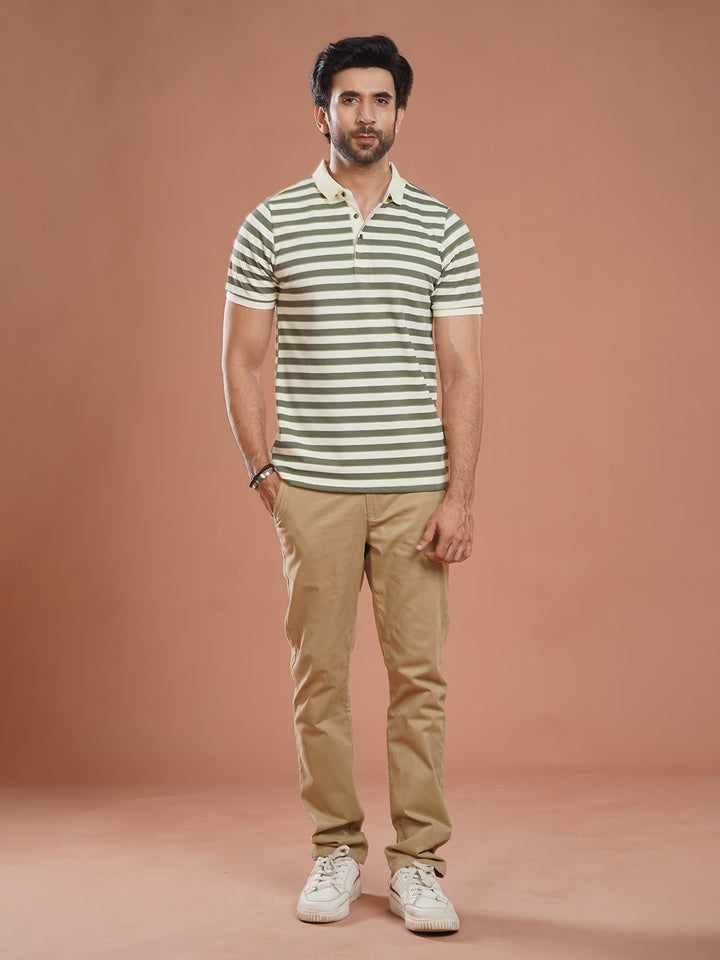 Green & Fawn Striped Knitted Polo T-Shirt (POLO-1025)