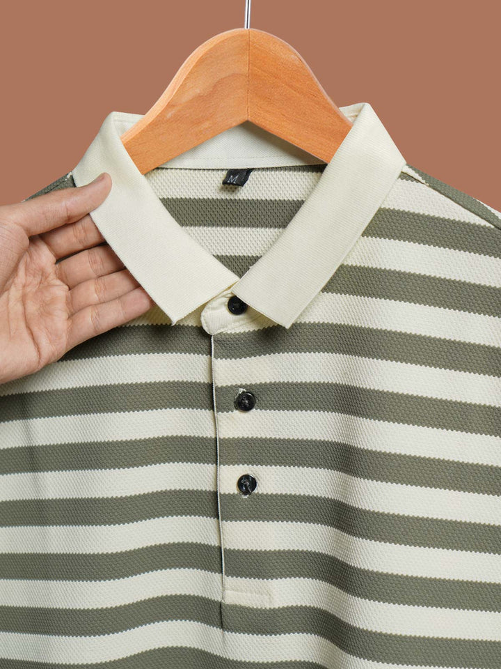 Green & Fawn Striped Knitted Polo T-Shirt (POLO-1025)