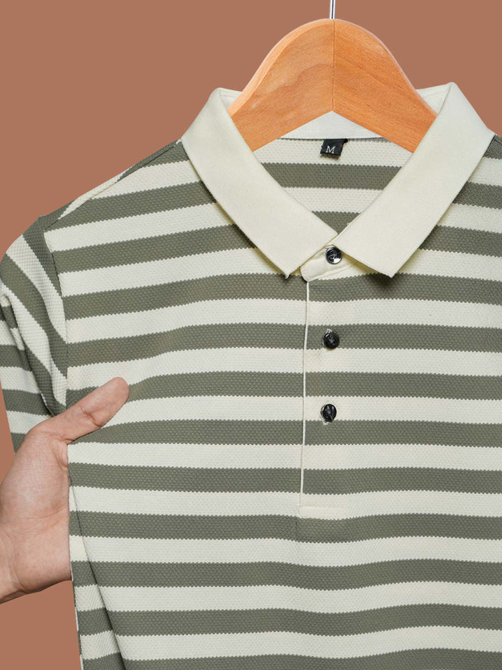 Green & Fawn Striped Knitted Polo T-Shirt (POLO-1025)