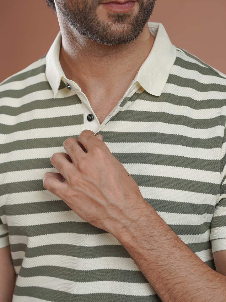 Green & Fawn Striped Knitted Polo T-Shirt (POLO-1025)
