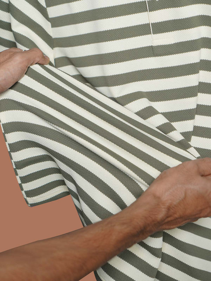Green & Fawn Striped Knitted Polo T-Shirt (POLO-1025)