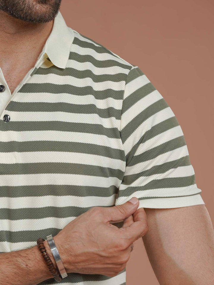 Green & Fawn Striped Knitted Polo T-Shirt (POLO-1025)