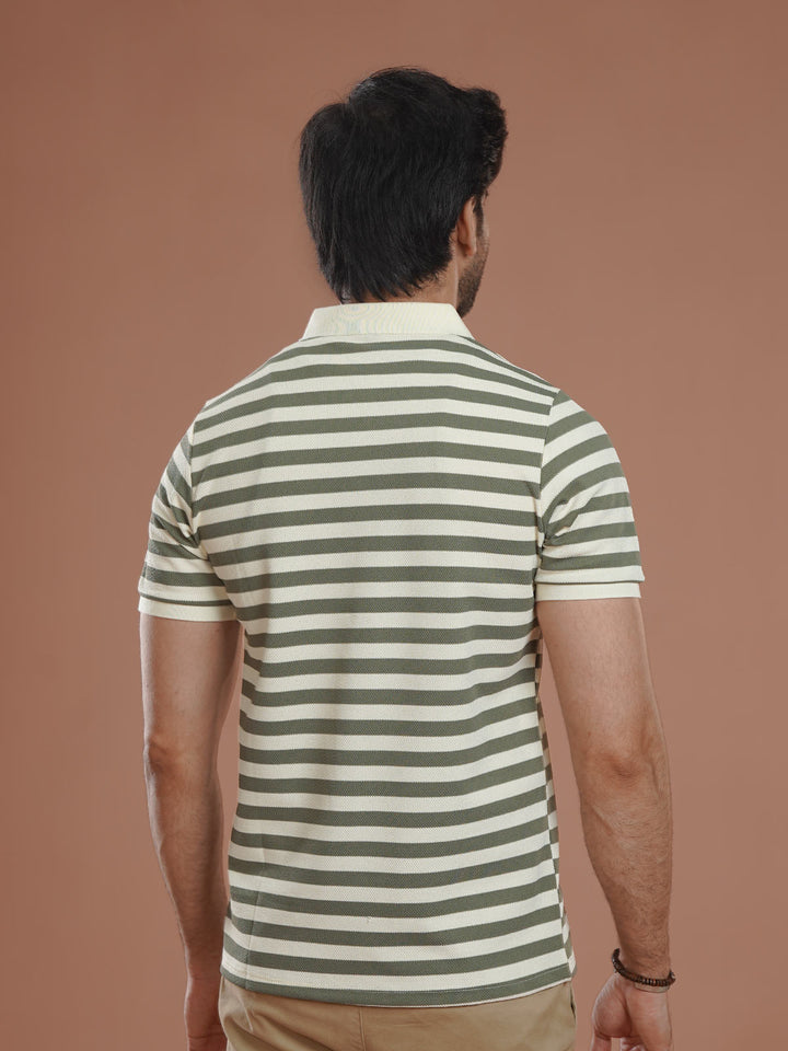 Green & Fawn Striped Knitted Polo T-Shirt (POLO-1025)