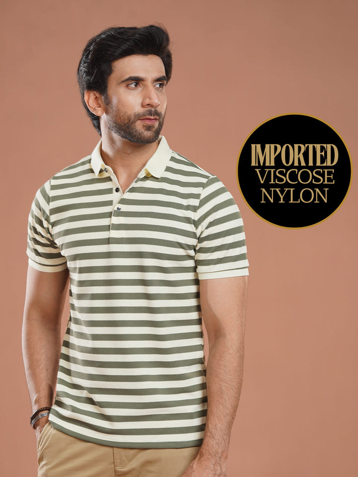 Green & Fawn Striped Knitted Polo T-Shirt (POLO-1025)