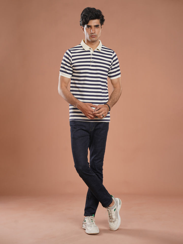 Blue & Fawn Striped Knitted Polo T-Shirt (POLO-1026)