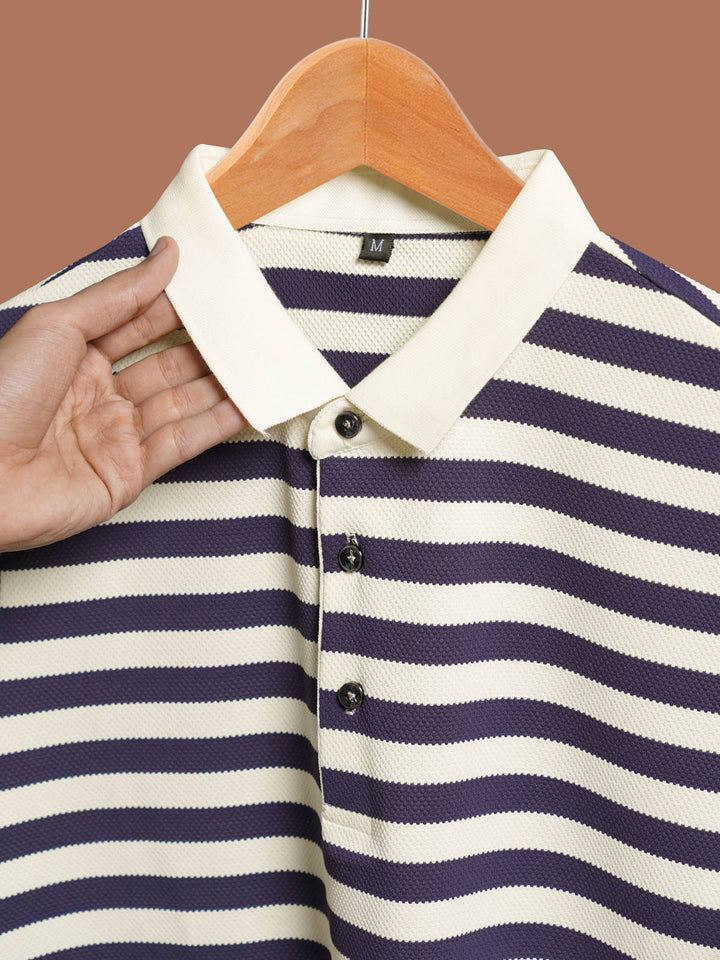 Blue & Fawn Striped Knitted Polo T-Shirt (POLO-1026)