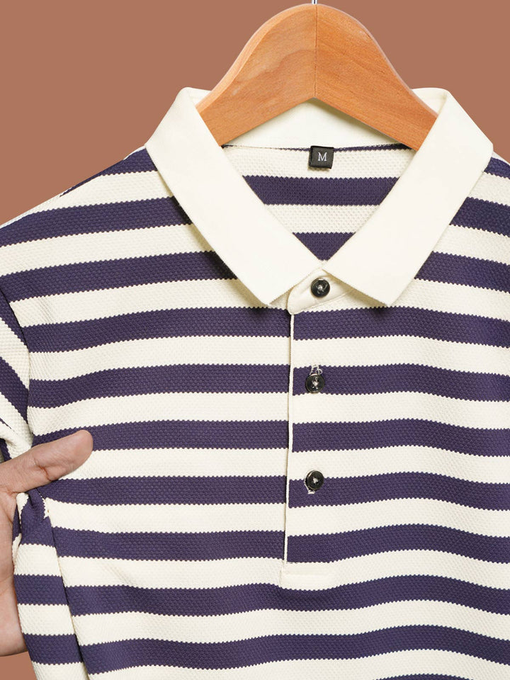 Blue & Fawn Striped Knitted Polo T-Shirt (POLO-1026)