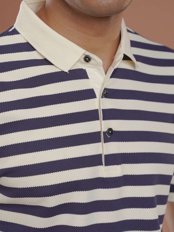 Blue & Fawn Striped Knitted Polo T-Shirt (POLO-1026)