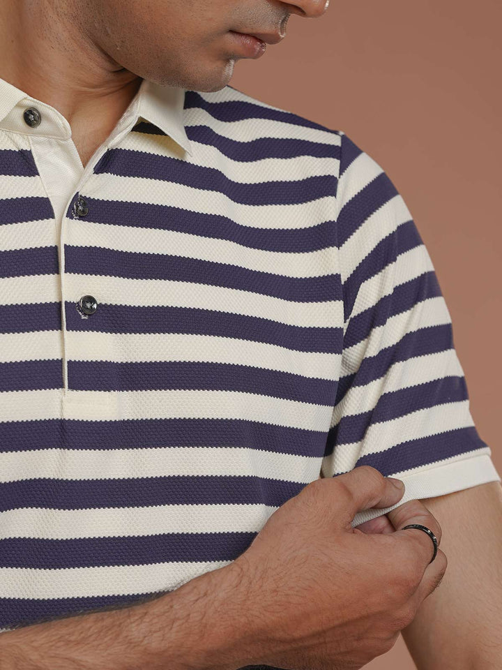 Blue & Fawn Striped Knitted Polo T-Shirt (POLO-1026)