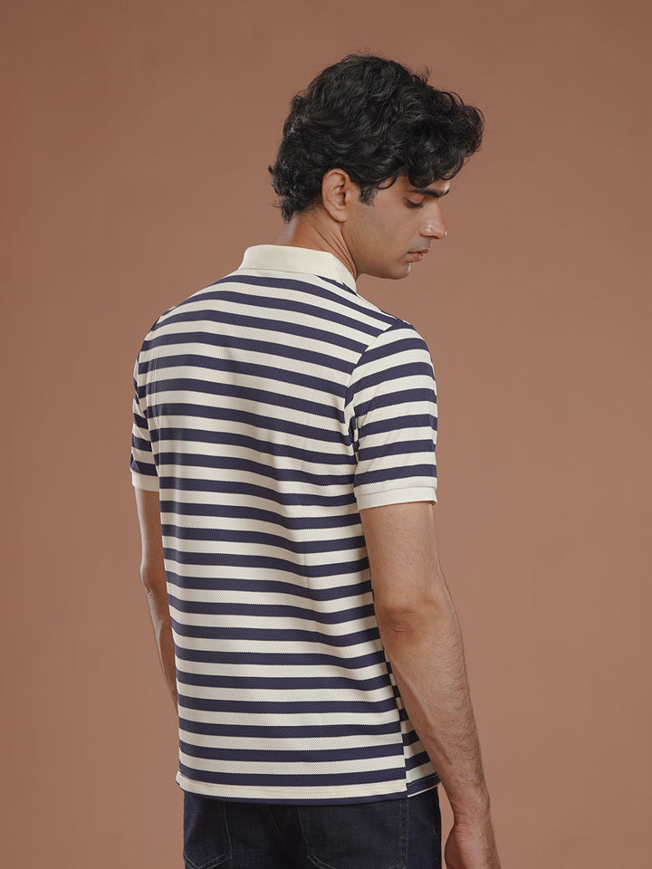 Blue & Fawn Striped Knitted Polo T-Shirt (POLO-1026)