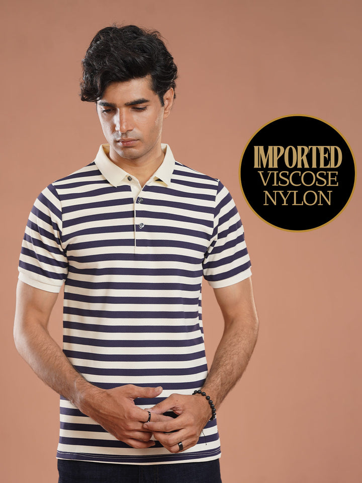 Blue & Fawn Striped Knitted Polo T-Shirt (POLO-1026)