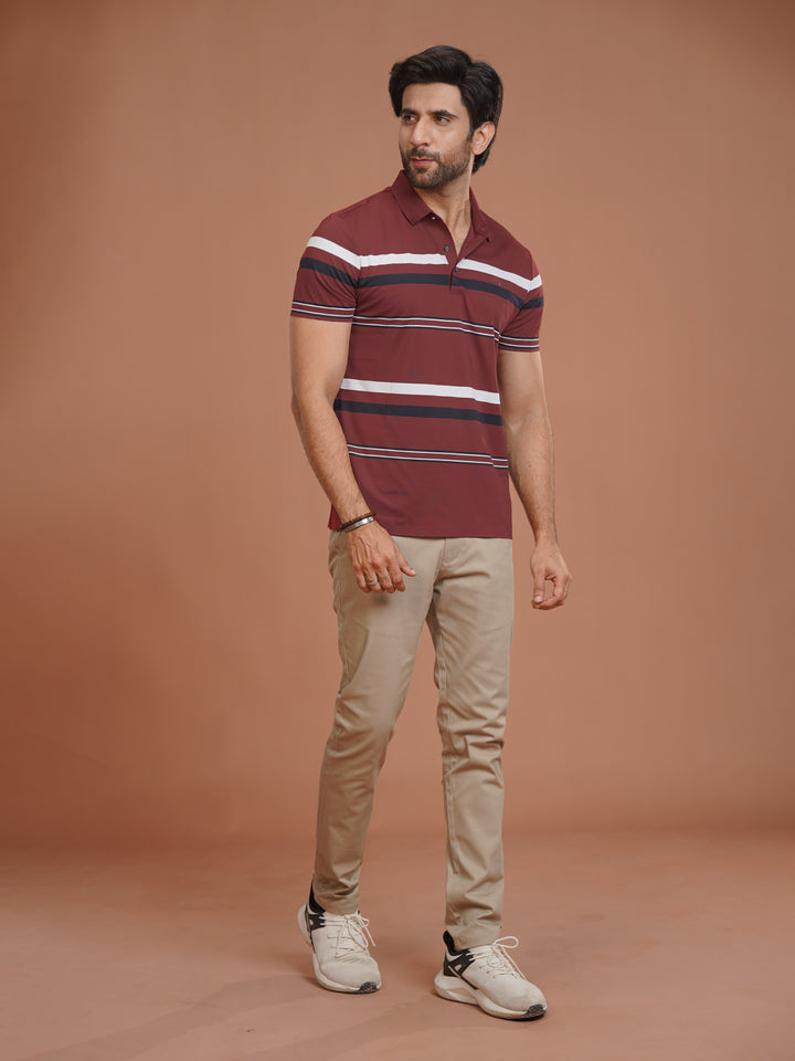Maroon Nylon Spandex Striped Polo Shirt (POLO-1038)