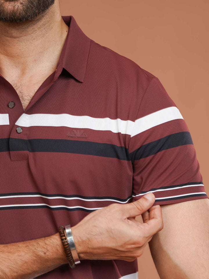 Maroon Nylon Spandex Striped Polo Shirt (POLO-1038)