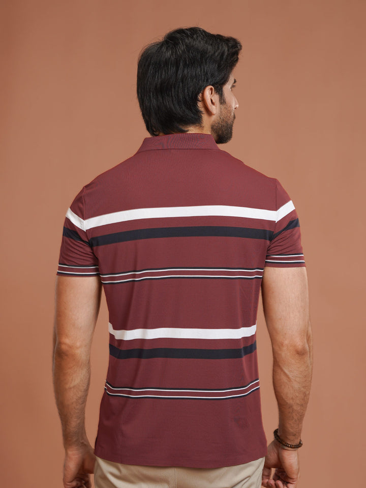 Maroon Nylon Spandex Striped Polo Shirt (POLO-1038)