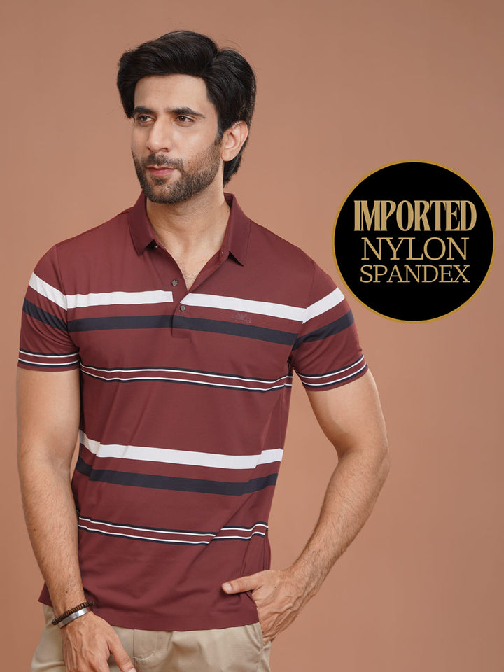 Maroon Nylon Spandex Striped Polo Shirt (POLO-1038)