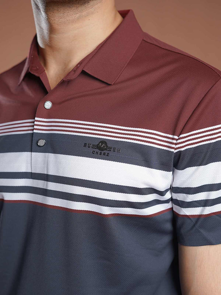 Maroon Nylon Spandex Striped Polo Shirt (POLO-1039)