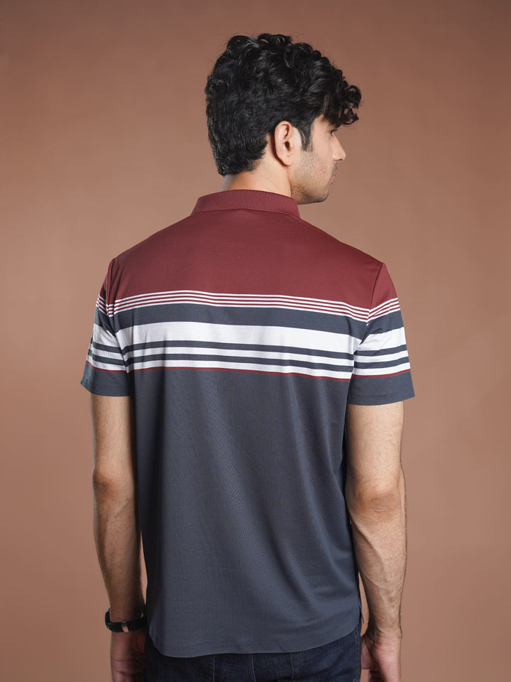 Maroon Nylon Spandex Striped Polo Shirt (POLO-1039)