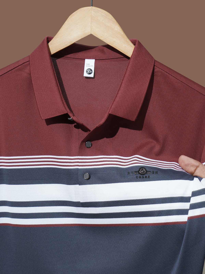 Maroon Nylon Spandex Striped Polo Shirt (POLO-1039)