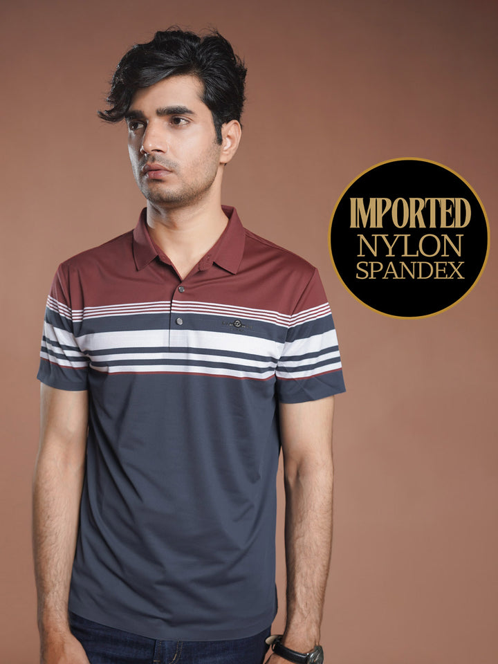 Maroon Nylon Spandex Striped Polo Shirt (POLO-1039)
