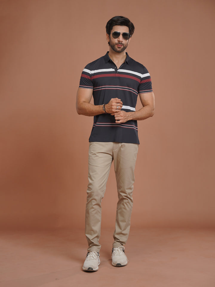 Navy Nylon Spandex Striped Polo Shirt (POLO-1040)