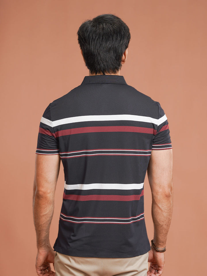 Navy Nylon Spandex Striped Polo Shirt (POLO-1040)