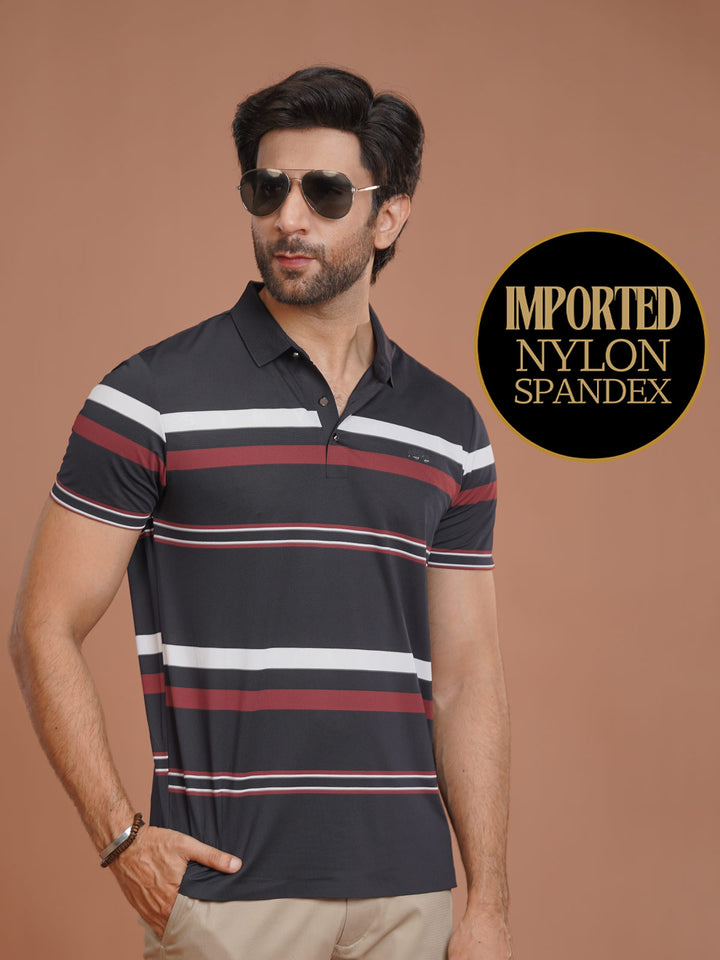 Navy Nylon Spandex Striped Polo Shirt (POLO-1040)