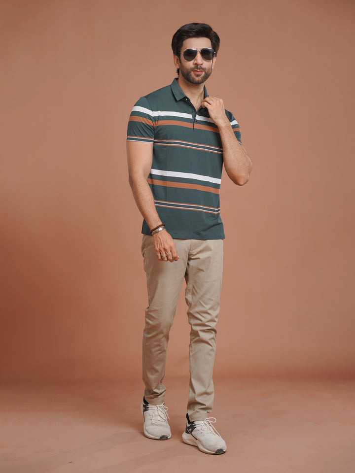 Teal Nylon Spandex Striped Polo Shirt (POLO-1041)