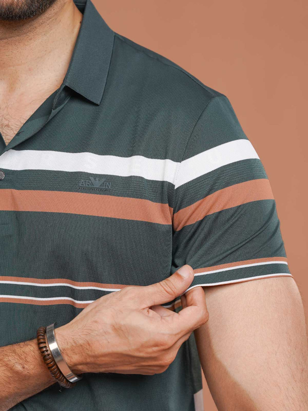 Teal Nylon Spandex Striped Polo Shirt (POLO-1041)