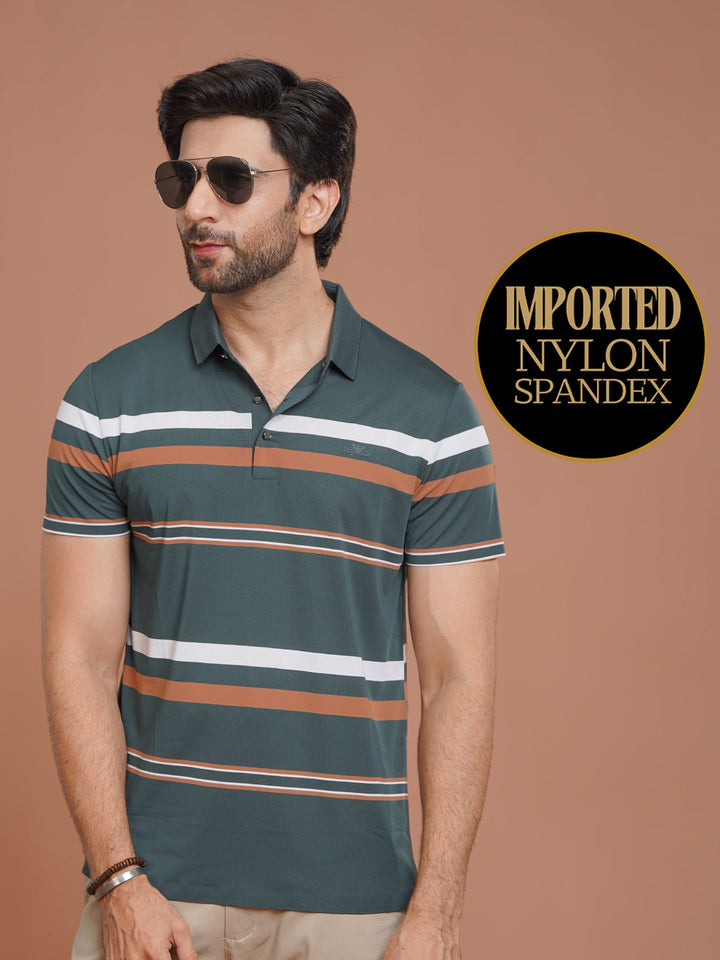 Teal Nylon Spandex Striped Polo Shirt (POLO-1041)