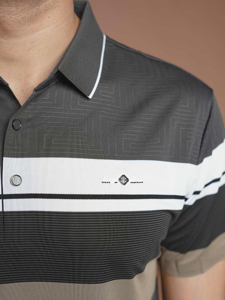 Grey Nylon Spandex Striped Polo Shirt (POLO-1042)