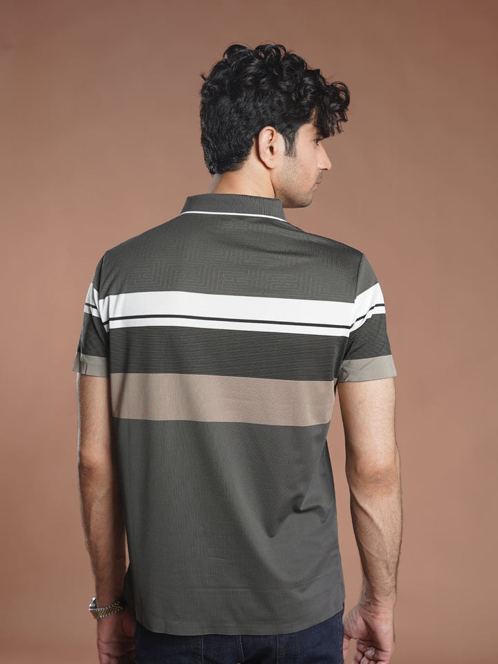 Grey Nylon Spandex Striped Polo Shirt (POLO-1042)